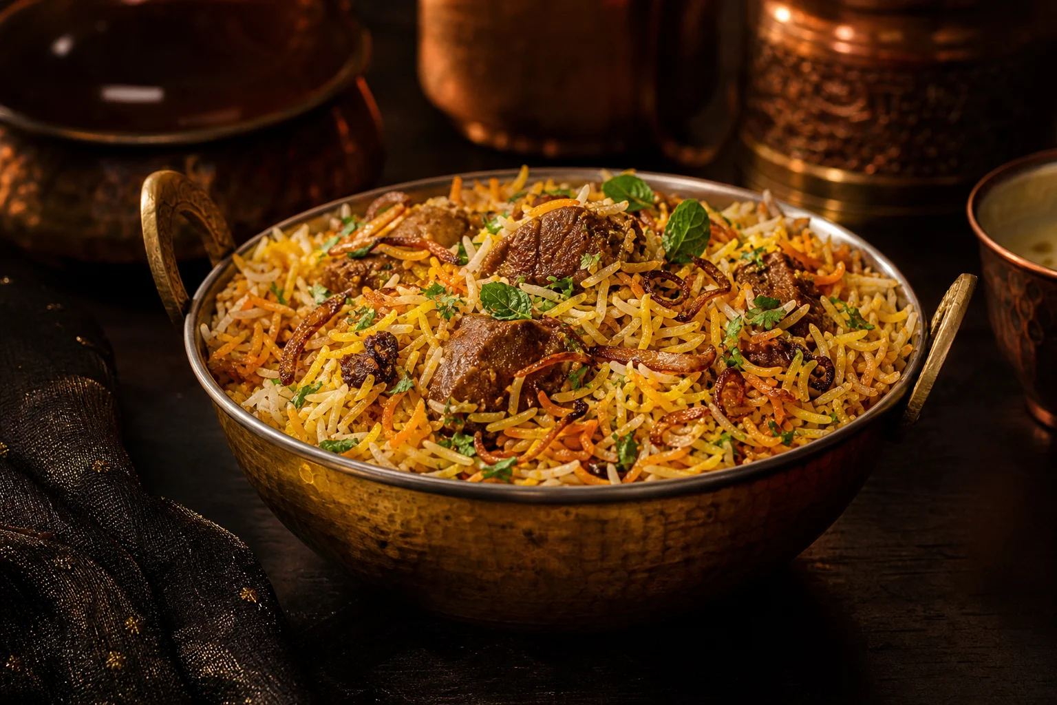Biryani pakistanais au riz basmati, épices et oignons confits