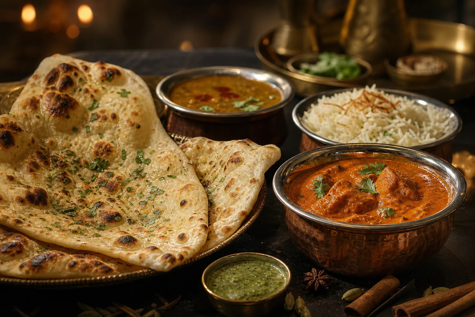 Poulet tikka masala servi dans un plat en cuivre