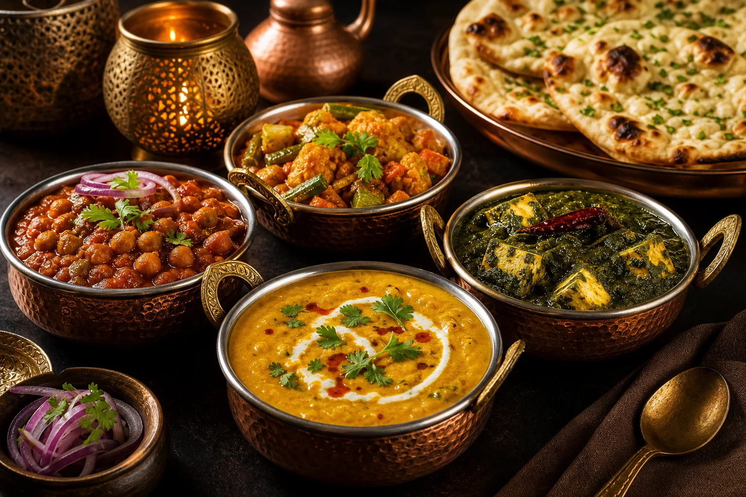 Sélection végétarienne de currys, dhal, légumes et naans